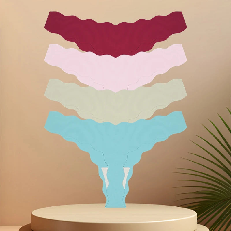 4Pcs Seamless Invisible Thongs Underwear for Women Low Waist Sexy Wave Belt T-Back Breathable Stretchy G-String Panties Lingerie