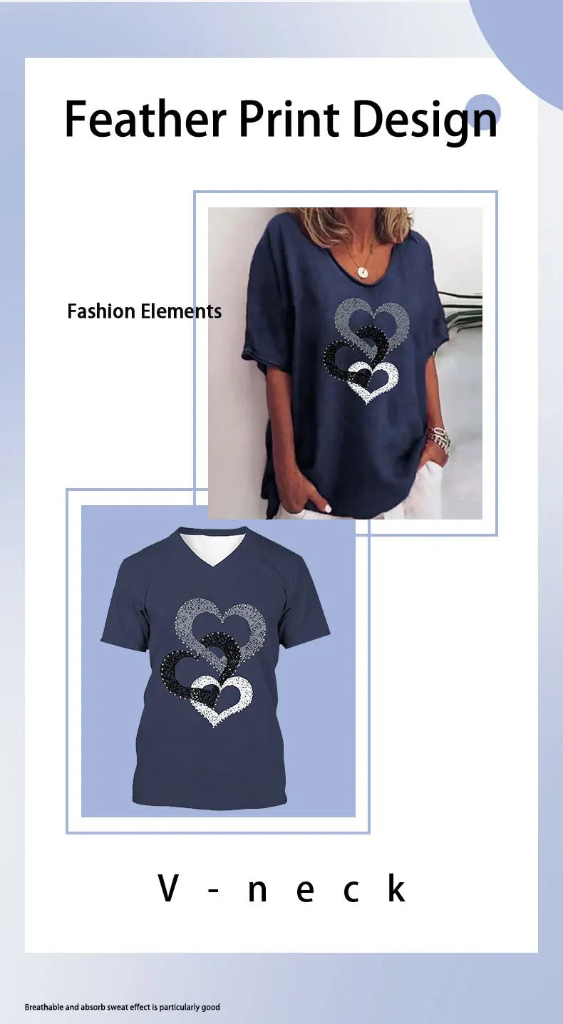 3D Butterfly Printed Short Sleeve T-shirt Korean Style Women's Clothes 2024 V-neck Short Sleeves Tees Shirt Loose Casual Blouses