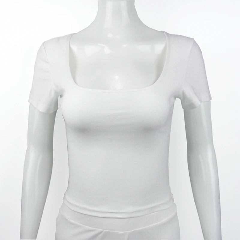 Short Sleeve T-shirt for Women Summer 2026 Solid Color Elastic Square-cut Collar slim fit Tops Sexy Y2k Street Wear Tee Fashion
