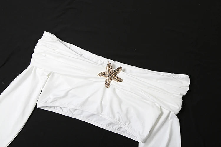 Nibber Hipster Metal Starfish Decoration 2 Piece Set Women Slash Neck Backless Crop Tops+Ruched Mini Skirt Street Elegant Suit