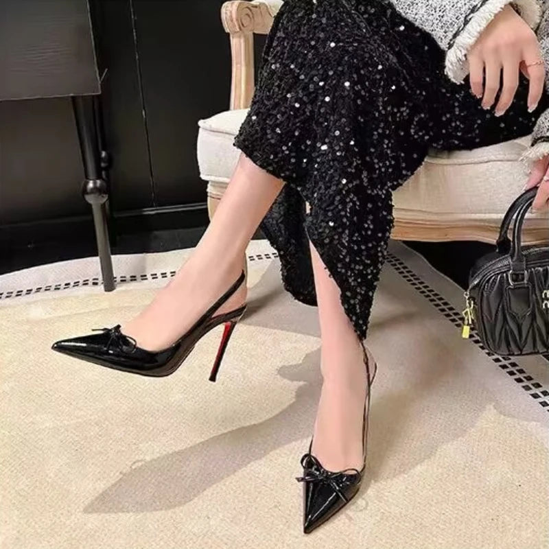 Luxury Patent Leather Women's High Heels 2026 Summer New Style Bow-tie Pointed Toe Sandals Sexy Striptease Party High Heels