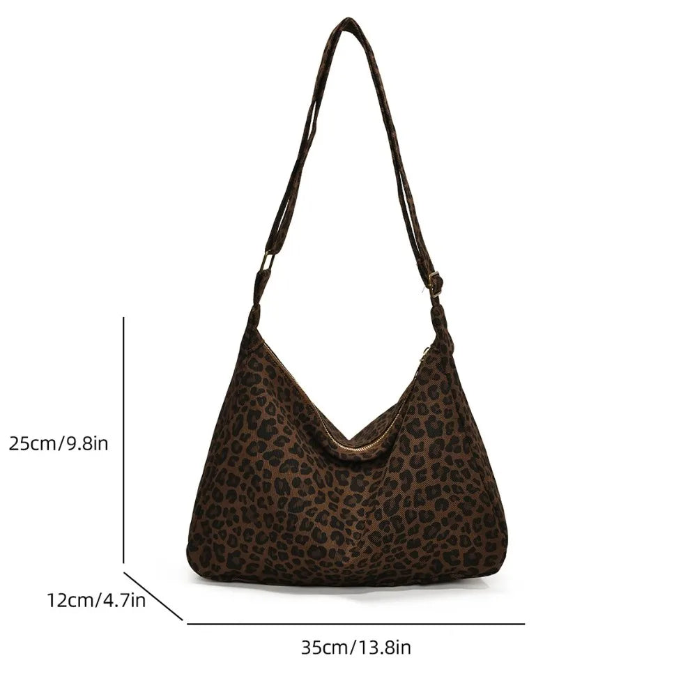 Trendy Casual Soft Textile Women's Shoulder Bag Large Capacity Leopard Print Female Retro Crossbody Bag For Commute Outings