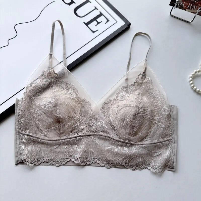 Sexy Lace Shell Cup Bra Deep V Backless Halter Side Buckle Soft Support Seamless Beauty Back Thin Women Underwear 32-38 S-XL