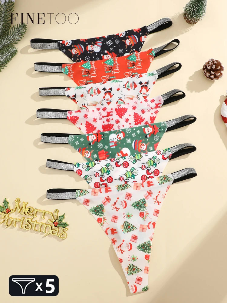 5PCS/Lot Seamless Ice Silk Thongs Women's Christmas Theme Underwear Sexy Rhinestone Waist Panties Santa Claus Printed Lingerie