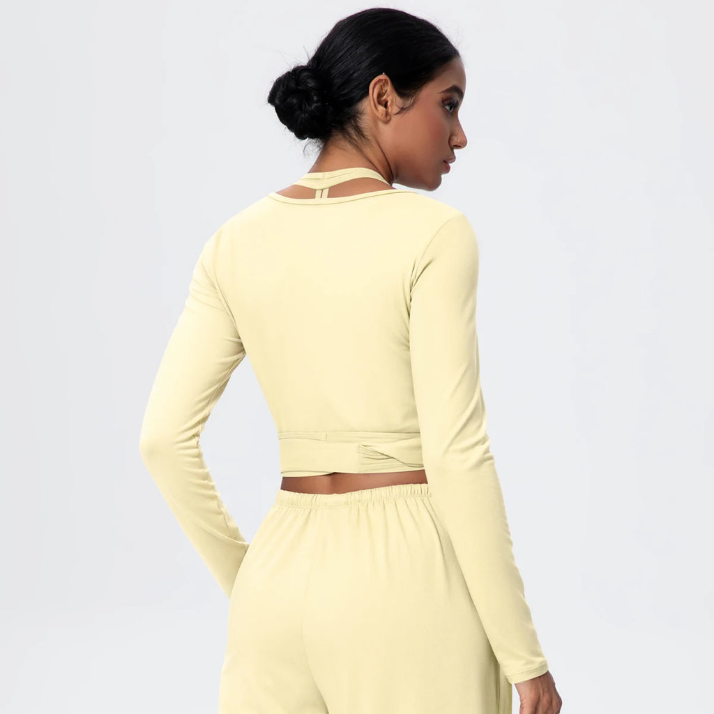 Women Slim Breathable Sports Top Women Active Wear Sports Yoga Long Sleeved Solid Color Running Shirts Straps Design Yoga Top