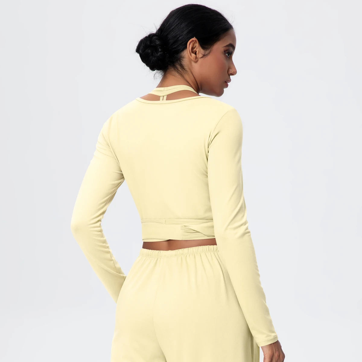 Women Slim Breathable Sports Top Women Active Wear Sports Yoga Long Sleeved Solid Color Running Shirts Straps Design Yoga Top