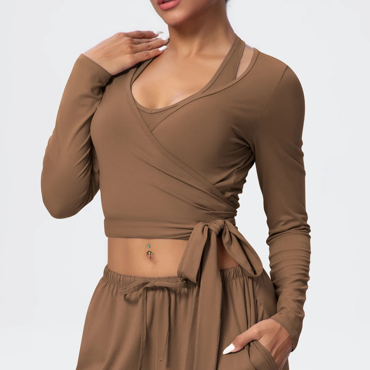 Women Slim Breathable Sports Top Women Active Wear Sports Yoga Long Sleeved Solid Color Running Shirts Straps Design Yoga Top
