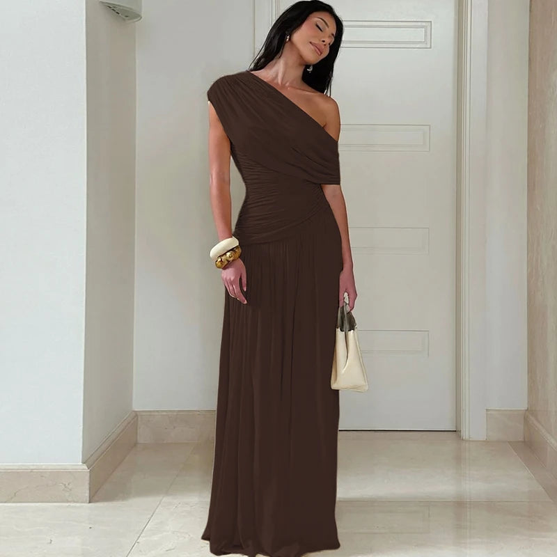 Hugcitar One Shoulder Ruched Sleeveless Solid Pleated Sexy Irregular Y2K Maxi Dress Summer Elegant Party Women Clothes Vacation