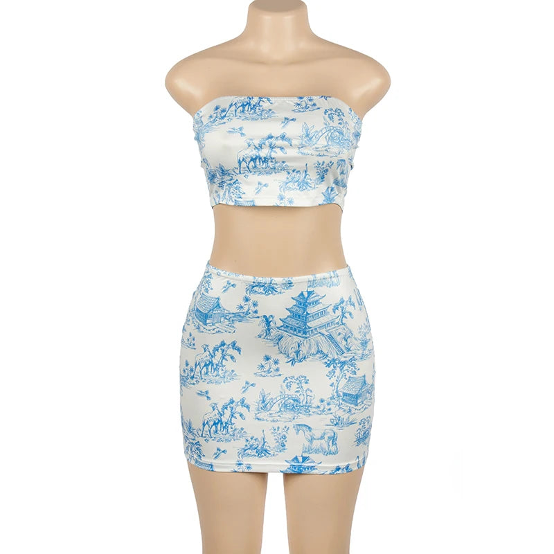 Oshfall Summer Outfits For Women 2-Piece Set Sleeveless Retro Printing Strapless Top+High Waist Slim Mini Skirt Street Clothing