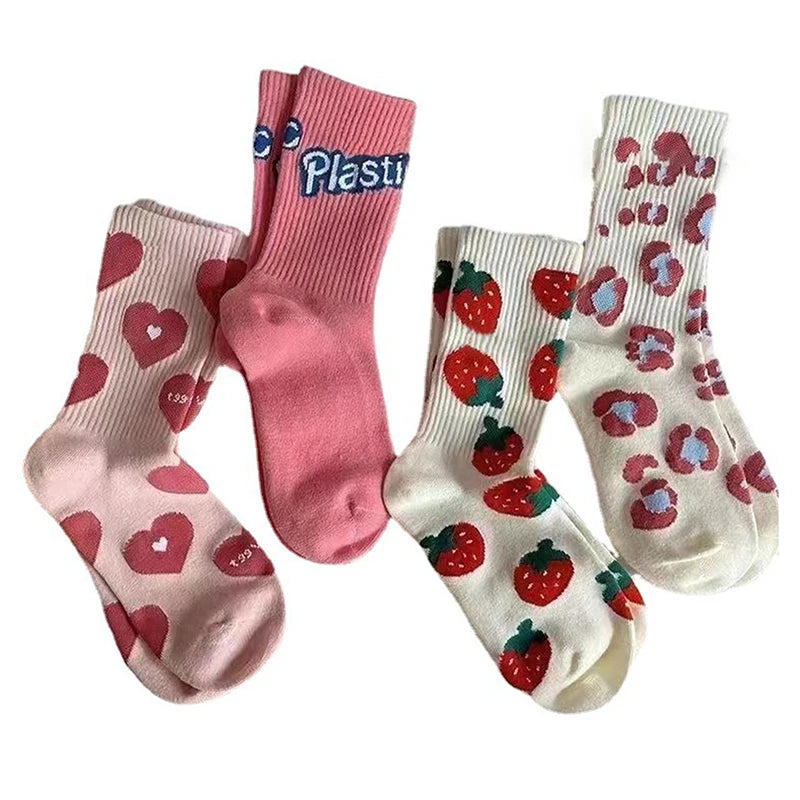 Cute Harajuku Strawberry Love Sweet Socks Middle Tube Breathable Fashion Autumn And Winter Casual Socks