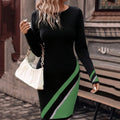 Commute Dress Women Spring Autumn New Long Sleeve Striped Print O-neck Slim Fashion Elegant Casual Commute Female A-line Dress