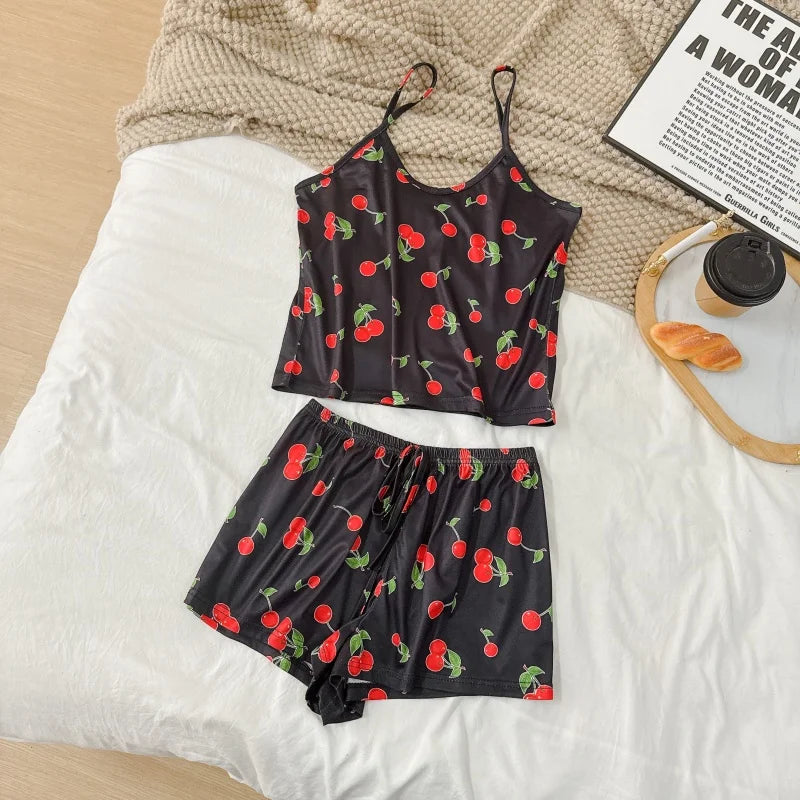 Summer Printed Cami Sleeveless Top and Shorts Pajama Sets For Women Sexy Leisure Adjustable Belt Loungewear Female Soft Pajama