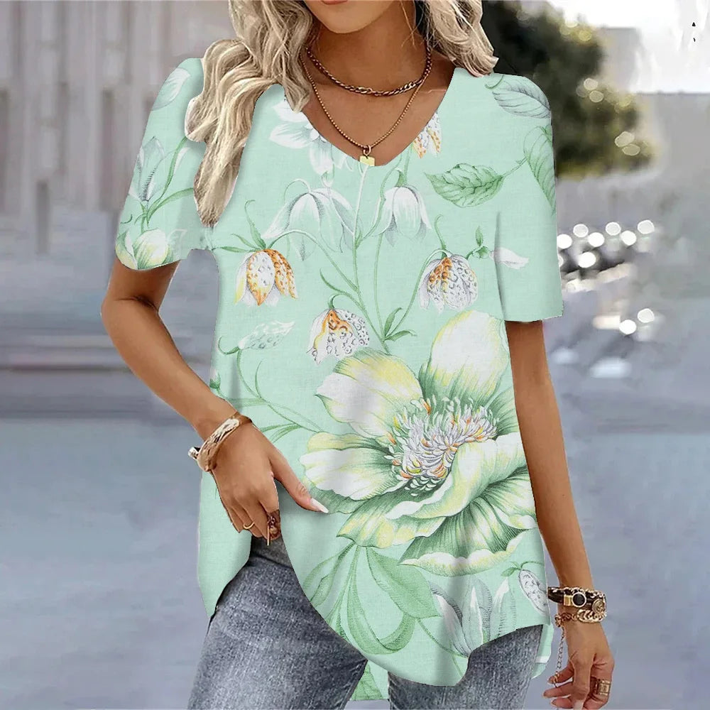 3D Butterfly Printed Short Sleeve T-shirt Korean Style Women's Clothes 2024 V-neck Short Sleeves Tees Shirt Loose Casual Blouses