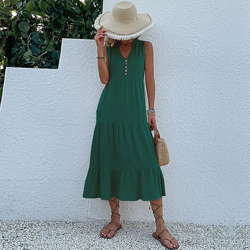 Casual Summer Midi Dress Women Sleeveless Tank V Neck Buttons Ruffle Loose Dresses Beach Soild Sundress Fashion