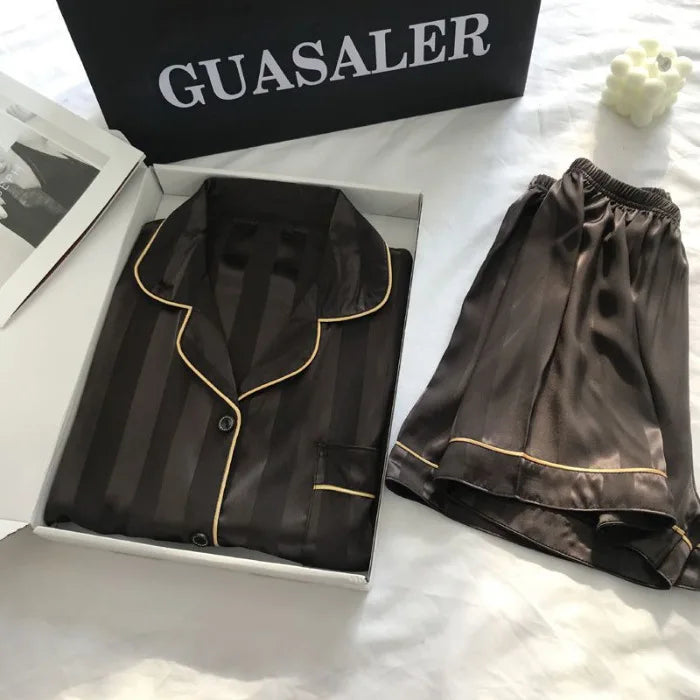 1 Set Women's Elegant Lounge Set Plus Size Satin Striped Button Up Short  Sleeve Shirt & Pants Pajamas