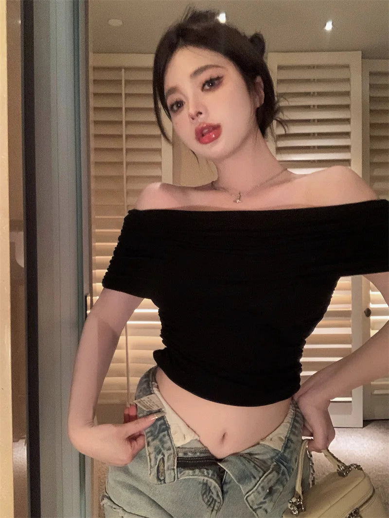 1pcs Girls Off-Shoulder T-shirt Women's Basic Fashion Tee Solid Ladys Short Sleeve Slim Tops Females Sexy Tshirts