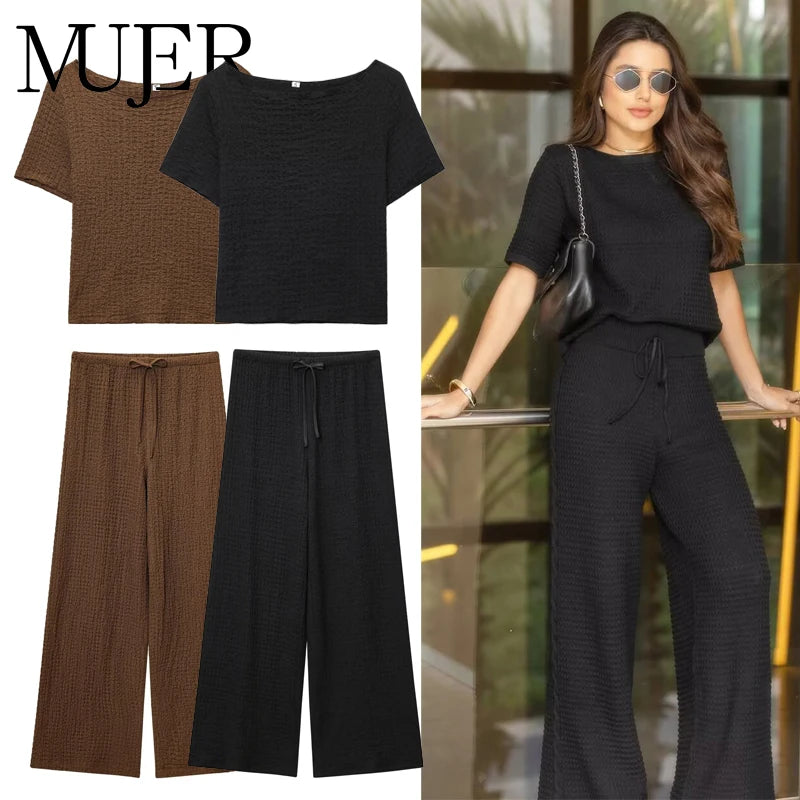 MUJER Women's Pants Sets Summer Outfit Wide Leg Pants Sets for Women 2 Pieces Short Sleeve Crop Top Woman Holiday Trousers Suits