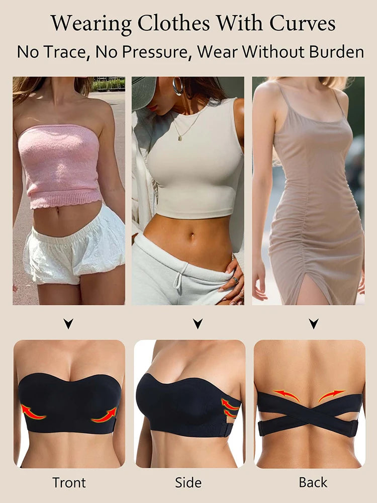 Female Removable Padded Soft Ice Silk Traceless Brasseries Wire Free Side Buckle Bra For Women Invisible Strapless Push Up Bras