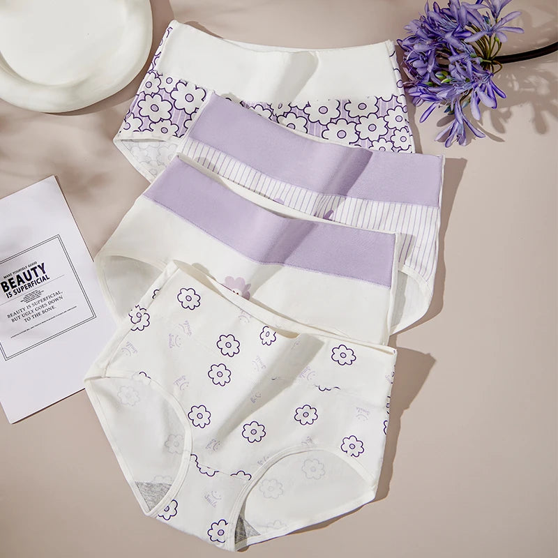 4Pcs Women Cotton Panties High Waist Underwear Print Ladies Briefs Soft Underpants Breathable Plus Size M-4XL Sexy Lingerie