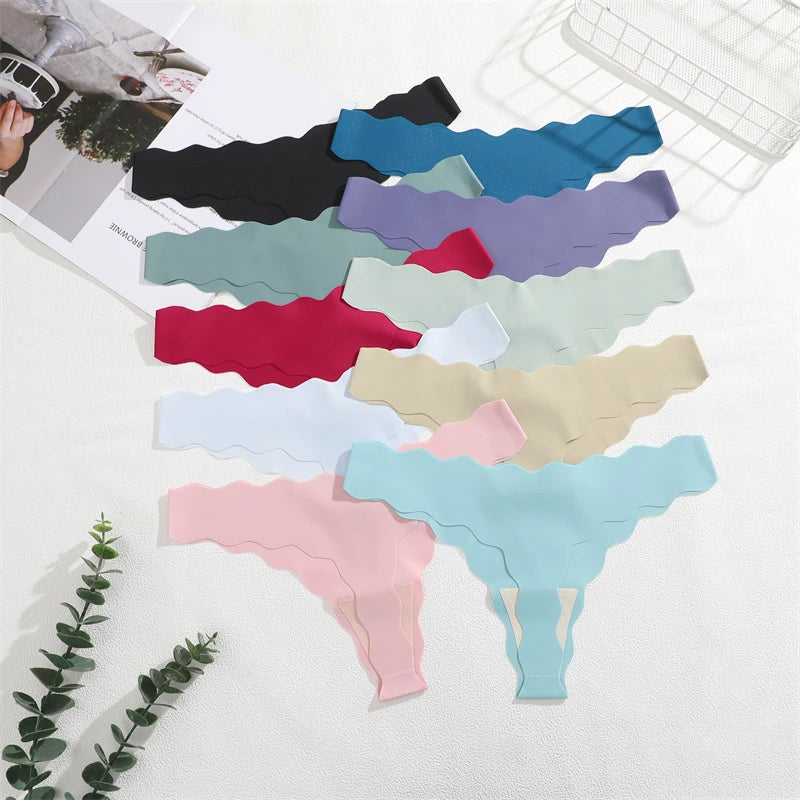 4Pcs Seamless Invisible Thongs Underwear for Women Low Waist Sexy Wave Belt T-Back Breathable Stretchy G-String Panties Lingerie