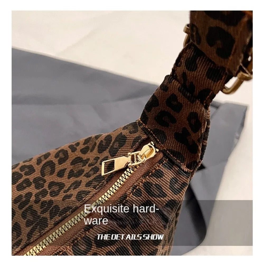 Trendy Casual Soft Textile Women's Shoulder Bag Large Capacity Leopard Print Female Retro Crossbody Bag For Commute Outings