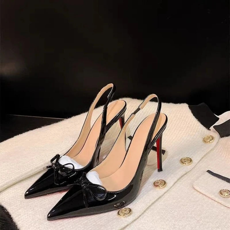 Luxury Patent Leather Women's High Heels 2026 Summer New Style Bow-tie Pointed Toe Sandals Sexy Striptease Party High Heels