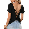 Women's Tee V Neck Short Sleeve Crisscross Back Twist Solid Relaxed Tops Sexy Tee Spring Summer Chic Tee Daily Lightweight Tops