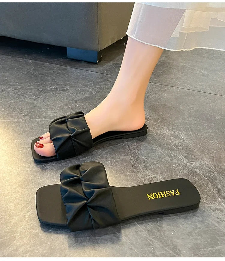 Summer Slippers For Women Flip Flops Flats 2024 New Pleated Korean Slippers Women Sandals Green Slip On Shoes Big Size 35-42
