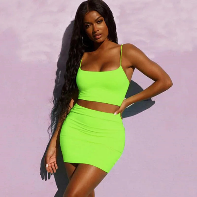 2 Pieces Sets Women Summer Strap Cropped Tops and High-waisted Skirt Suits Sexy Club Solid Bodycon Mini Skirts Casual Camis