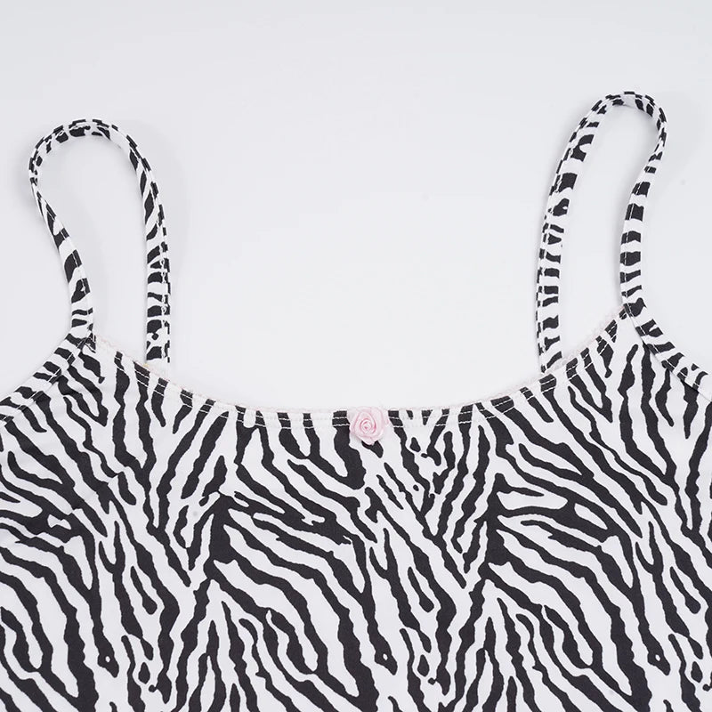 SUCHCUTE Y2k Zebra Print 2 Piece Set Chic U Neck Sleeveless Camis Top+Skinny Shorts Suits Backless Loungewear Women's HomeLounge