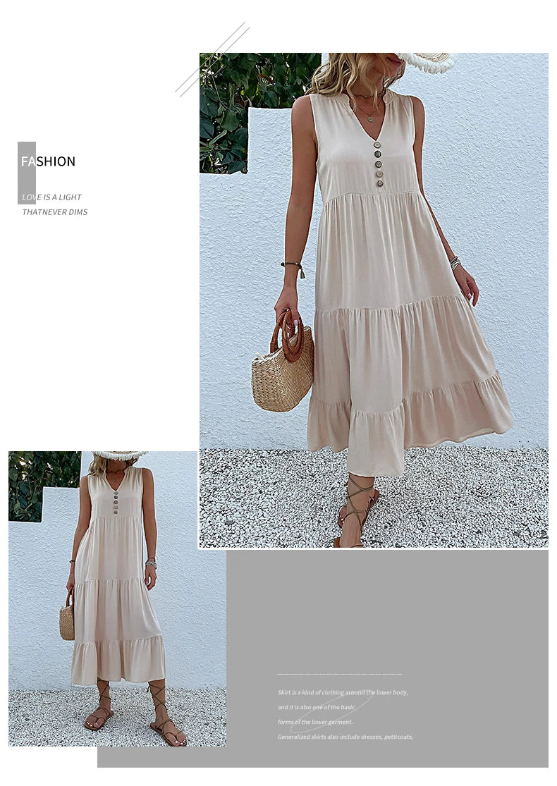 Casual Summer Midi Dress Women Sleeveless Tank V Neck Buttons Ruffle Loose Dresses Beach Soild Sundress Fashion