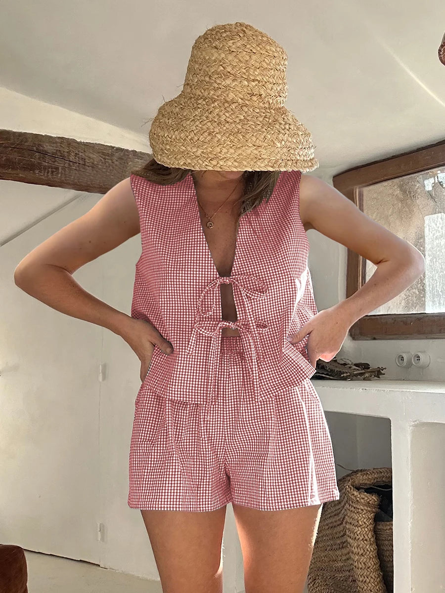 Women 2-Piece Shorts Pajamas Set Vintage Plaid Print Lacing V-Neck Sleeveless Tank Tops Elastic Waistband Shorts Loungewear Sets