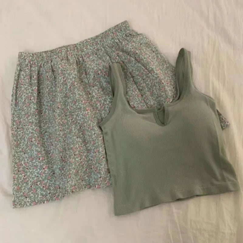 Korean Style Sexy Cute Little Emerald Flower Vest Women's Home Clothes With Chest Cushion Comfortable Cotton Pajamas Set