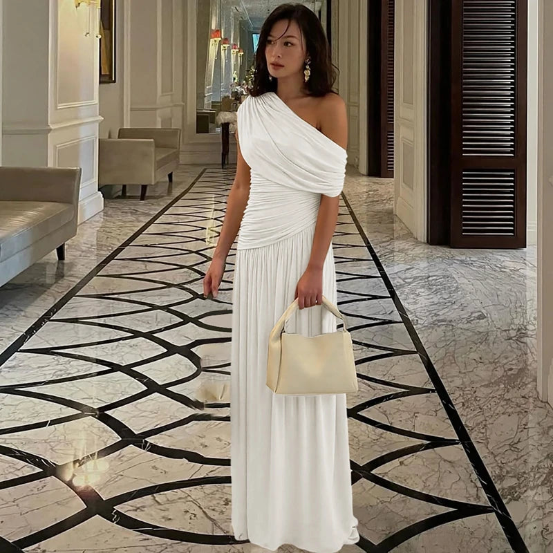 Hugcitar One Shoulder Ruched Sleeveless Solid Pleated Sexy Irregular Y2K Maxi Dress Summer Elegant Party Women Clothes Vacation