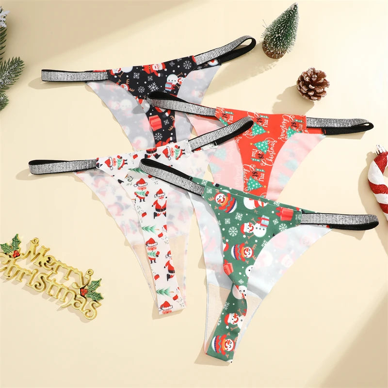 5PCS/Lot Seamless Ice Silk Thongs Women's Christmas Theme Underwear Sexy Rhinestone Waist Panties Santa Claus Printed Lingerie
