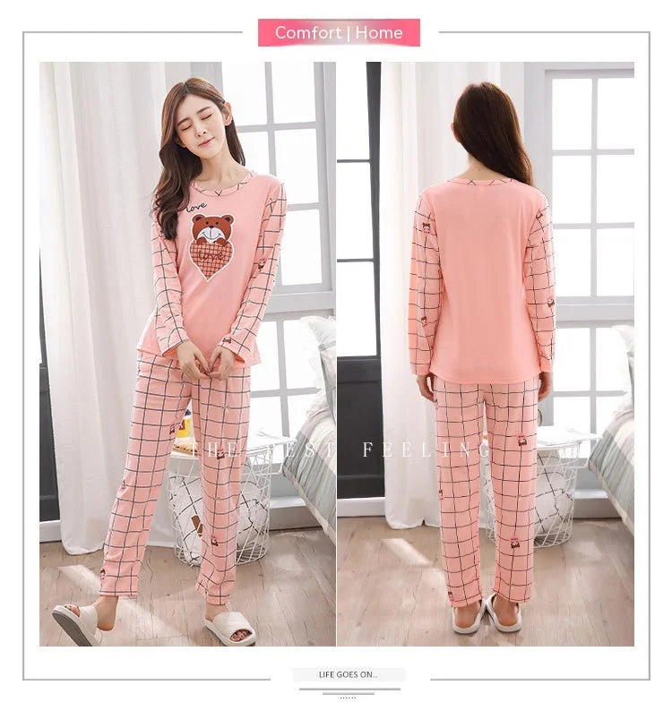 Long-Sleeved Pyjamas 2024 New Ladies Cartoon Cute Peach Heart Long-Sleeved Trousers Homewear Clothing Can Be Worn Outside