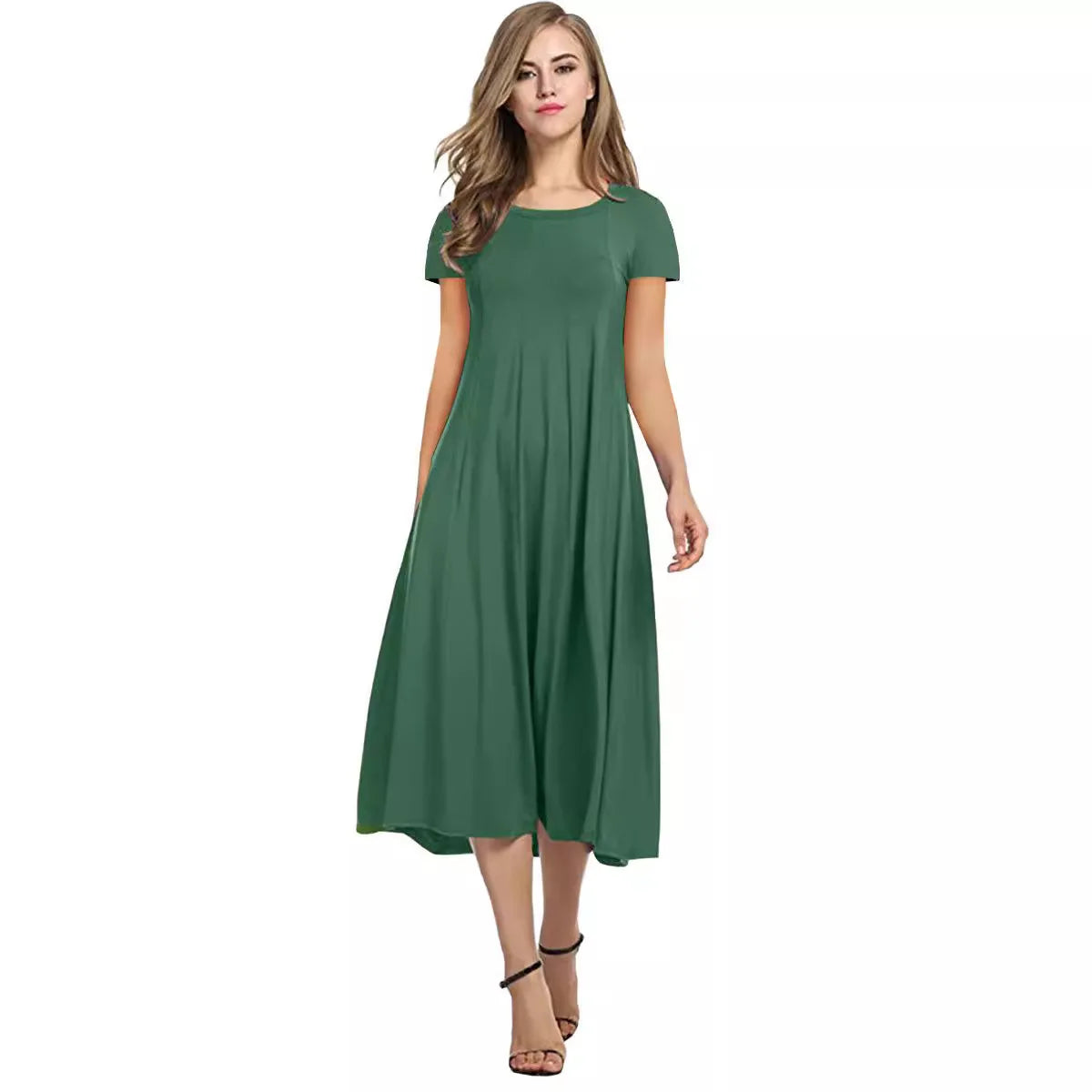 2024 Summer Women's Top Selling Round Neck Short Sleeve Solid Color Flare Dress