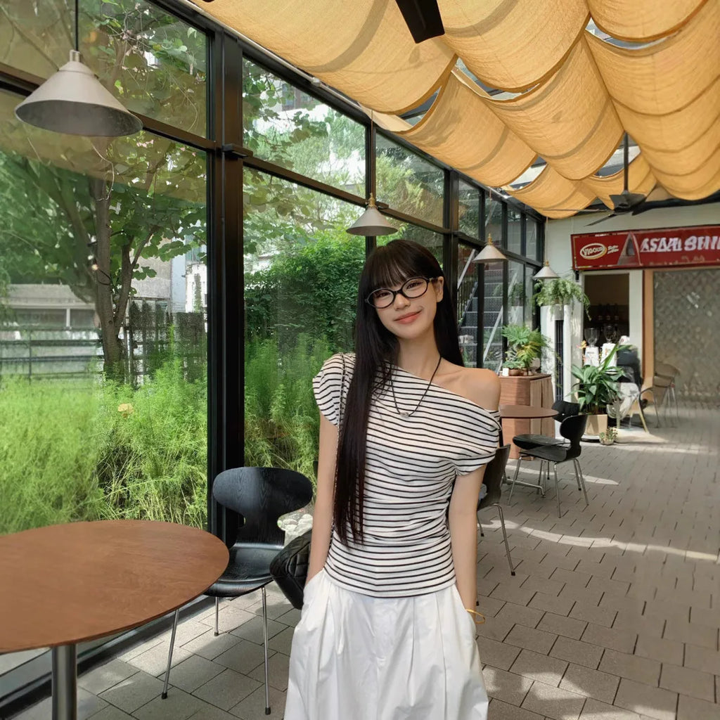 Casual Slim Striped T-shirts For Women 2026 Summer Y2K Women's T-shirt Short Sleeve Blouses Tees Fashion Female Tops