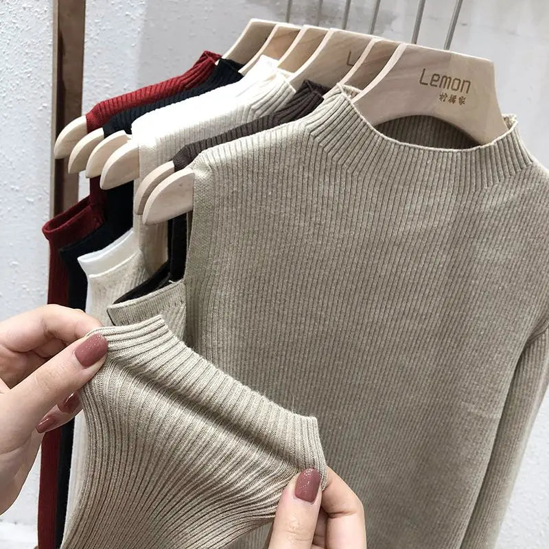 Knitted Sweater Women Pullovers New Long Sleeve Stand Collar Off-shoulder Knit Sweater Pullover Women Tops Sueters De Mujer Q781