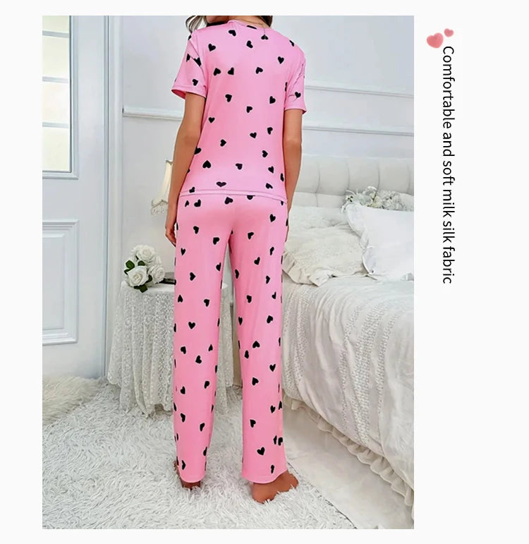 Women Summer Sleepwear Heart Print Pajama Set Short Sleeve Top and Elastic Waistband Pants for Comfortable Sleep and Lounging