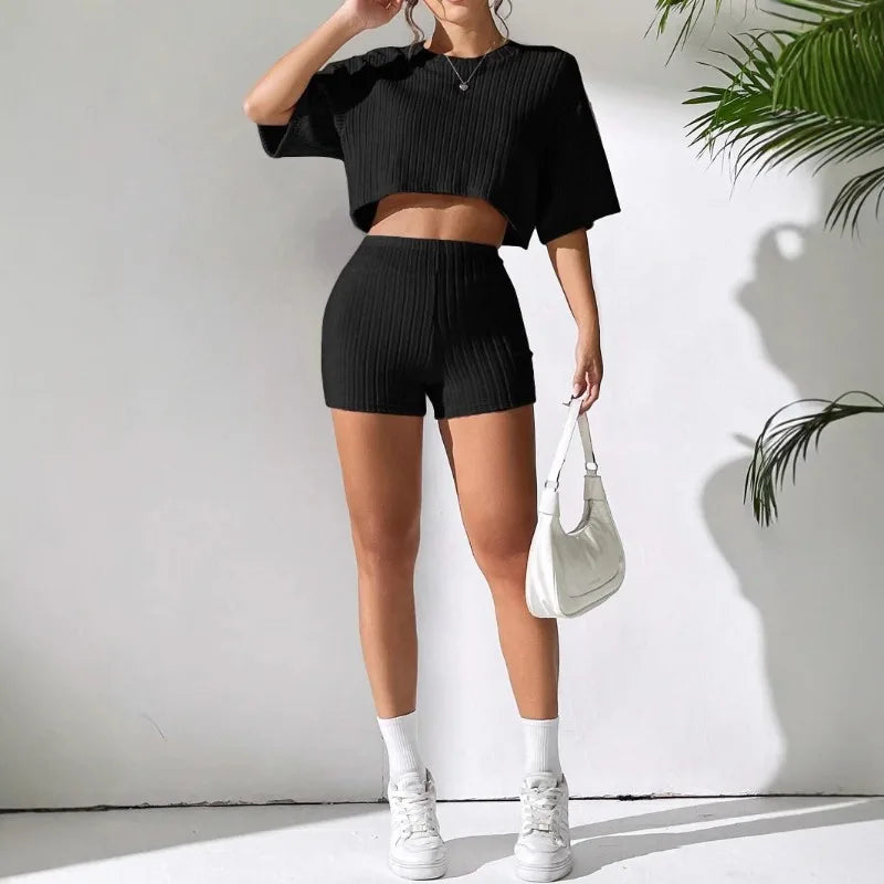 Women's Spring and Summer Fashion Short Crew Neck T-Shirt Top Shorts Two-piece Set Women's Womens Two Peice Sets