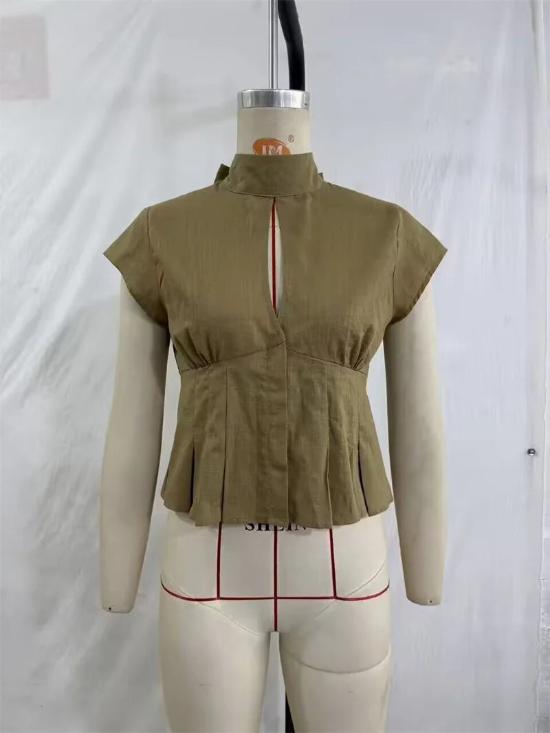 Women's Shirt 2026 Summer New Khaki Short Sleeve Bow Decorative Hollow-Out Dress Hem Shirt Casual Fashion Personality