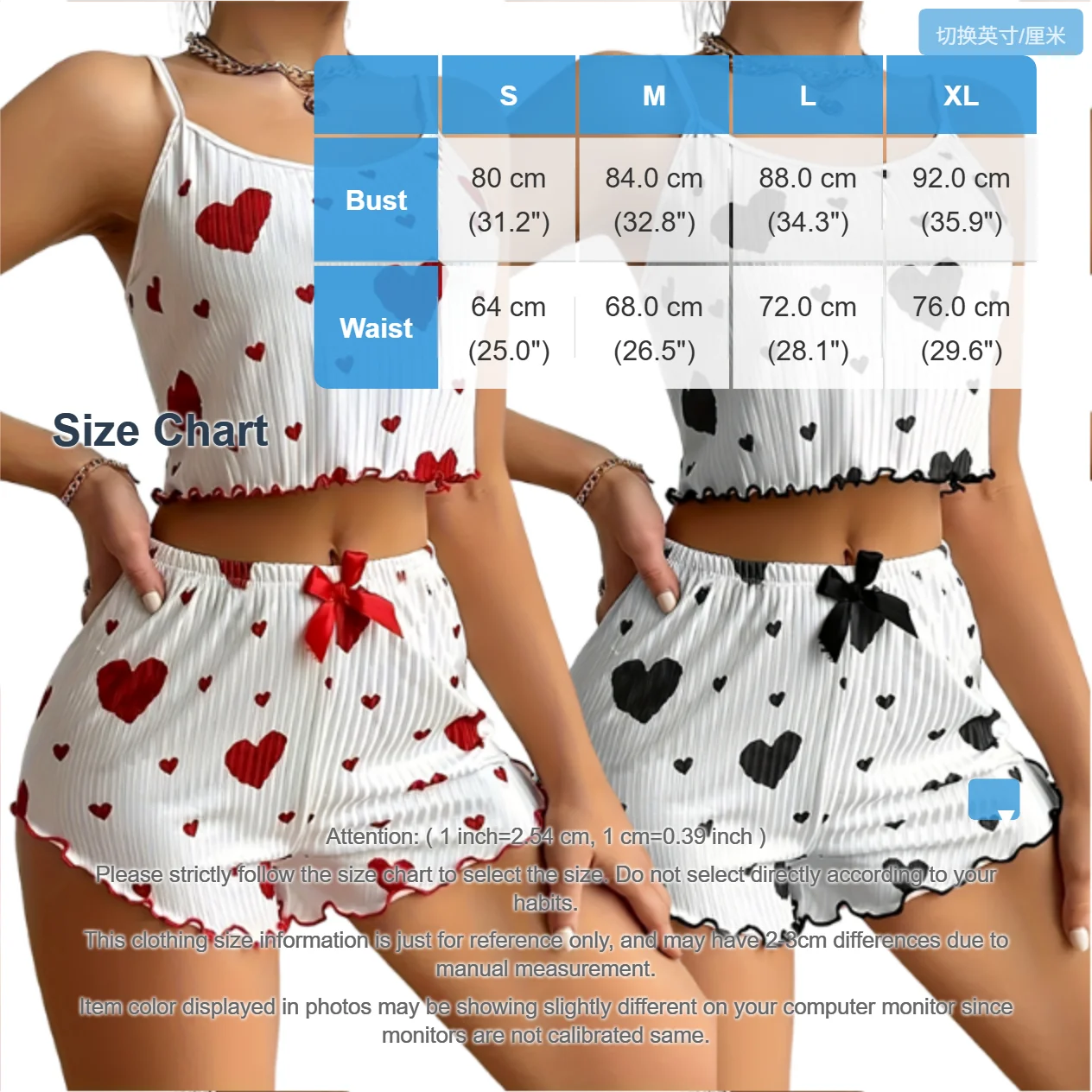 Women Heart Print Pajama Set Ribbed Cami Top and Shorts Sleepwear Lightweight Breathable Loungewear Homewear 2PCS