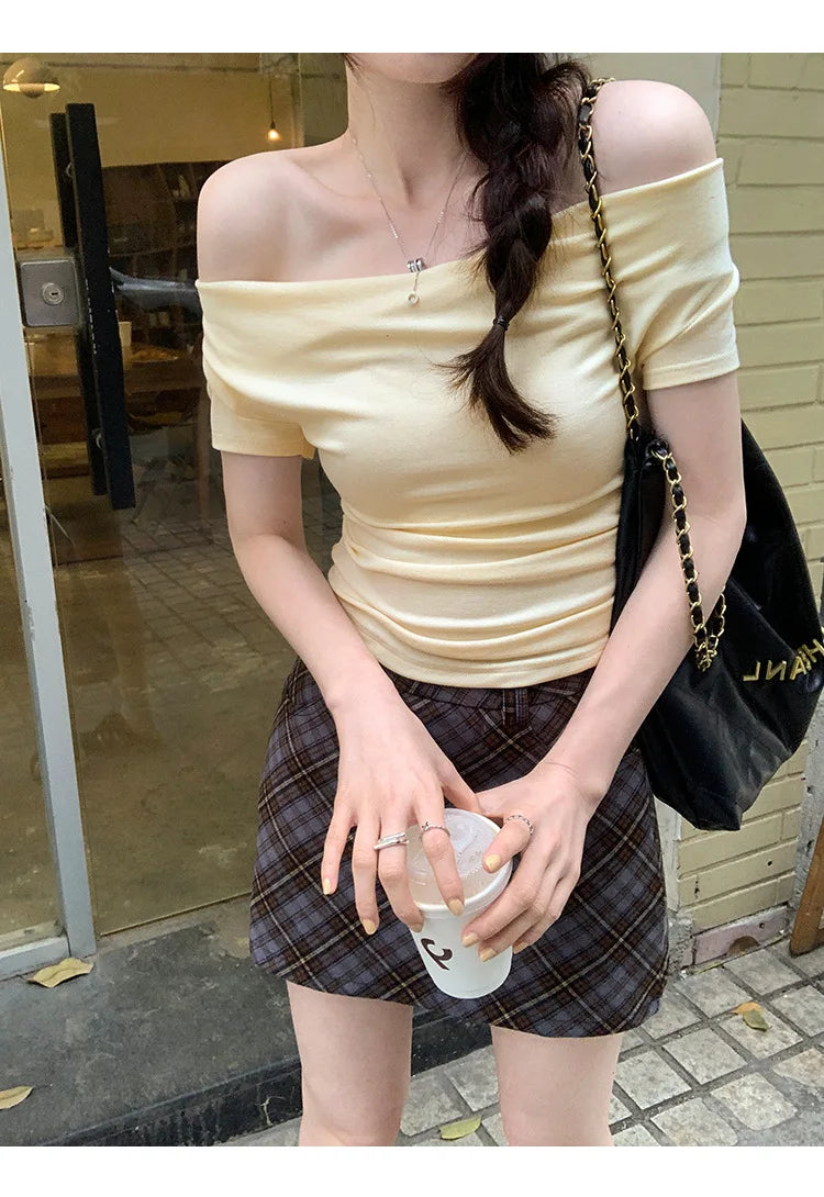 1pcs Girls Off-Shoulder T-shirt Women's Basic Fashion Tee Solid Ladys Short Sleeve Slim Tops Females Sexy Slanted Collar Tshirts