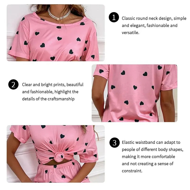 Women Summer Sleepwear Heart Print Pajama Set Short Sleeve Top and Elastic Waistband Pants for Comfortable Sleep and Lounging