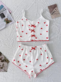 Women Heart Print Ribbed Pajama Set Bow Decor Crop Cami Top and Elastic Shorts Summer Sleepwear Lounge Set