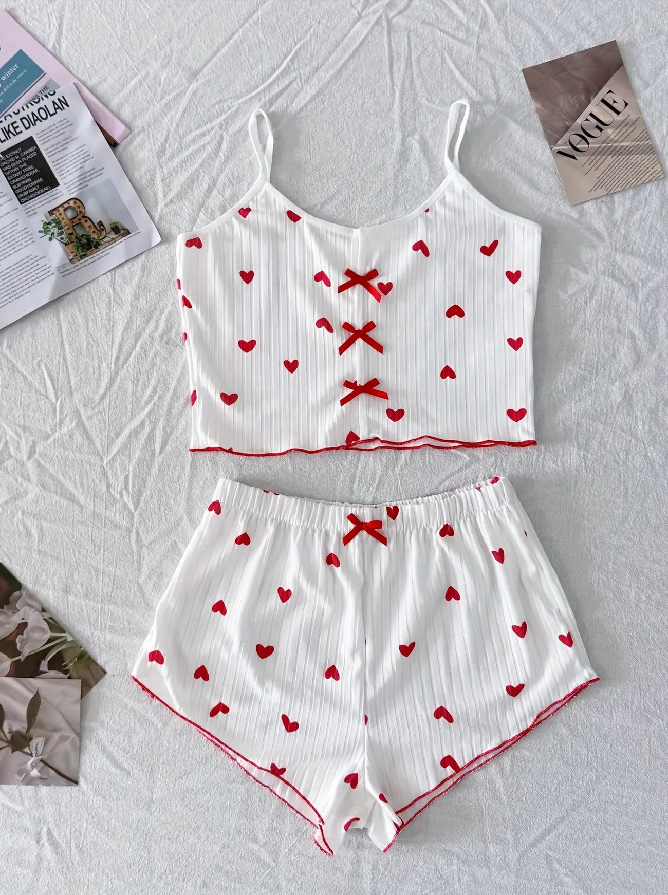 Women Heart Print Ribbed Pajama Set Bow Decor Crop Cami Top and Elastic Shorts Summer Sleepwear Lounge Set
