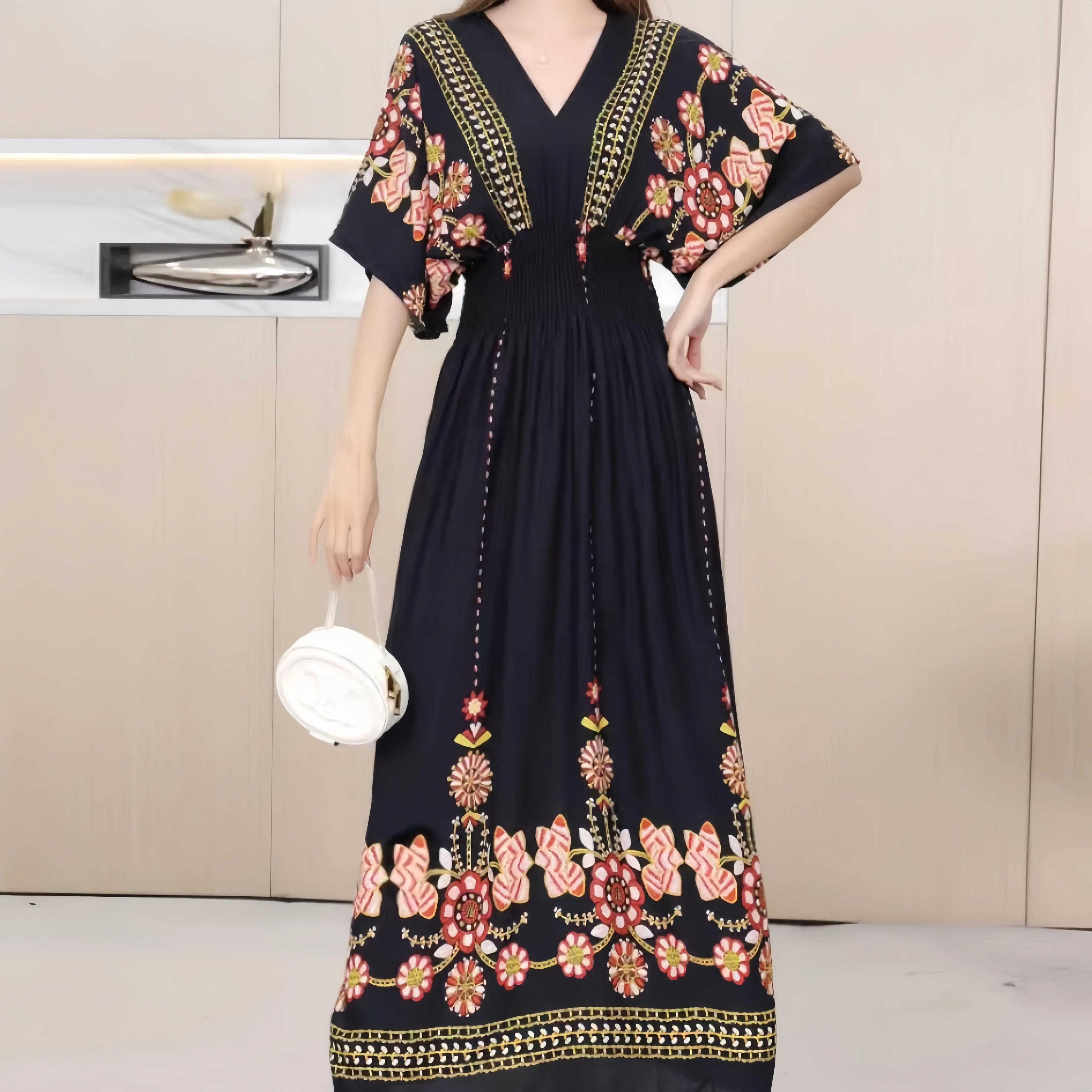 Colorful Flower V-neck Elastic Youthful Bohemian Sweet Midi Dress Woman Clothes Chic Fashion Summer Dresses 2025 Large Swing Ski
