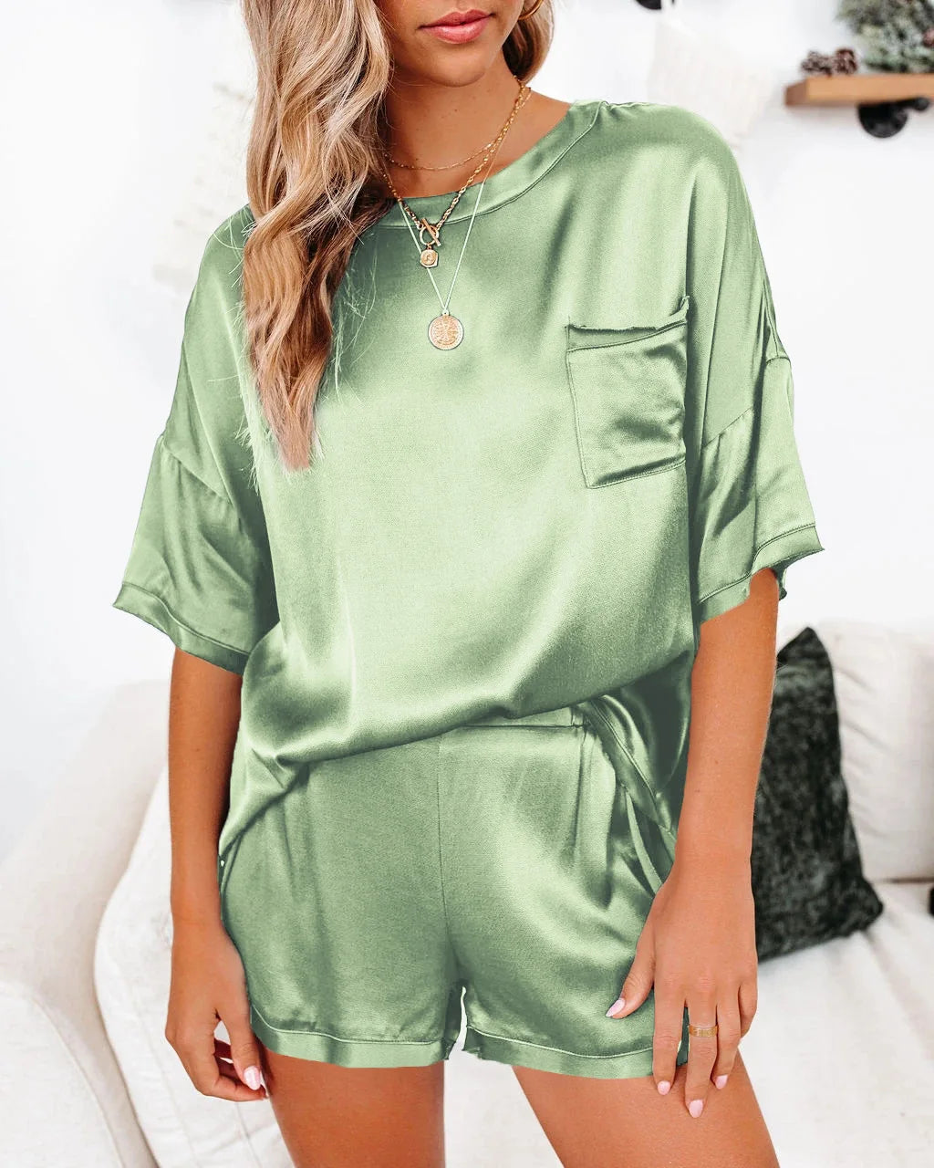2024 European and American Spring New Solid Color Silk Like Pajamas Home Furnishing Short Sleeve Shorts Irregular Two Piece Set