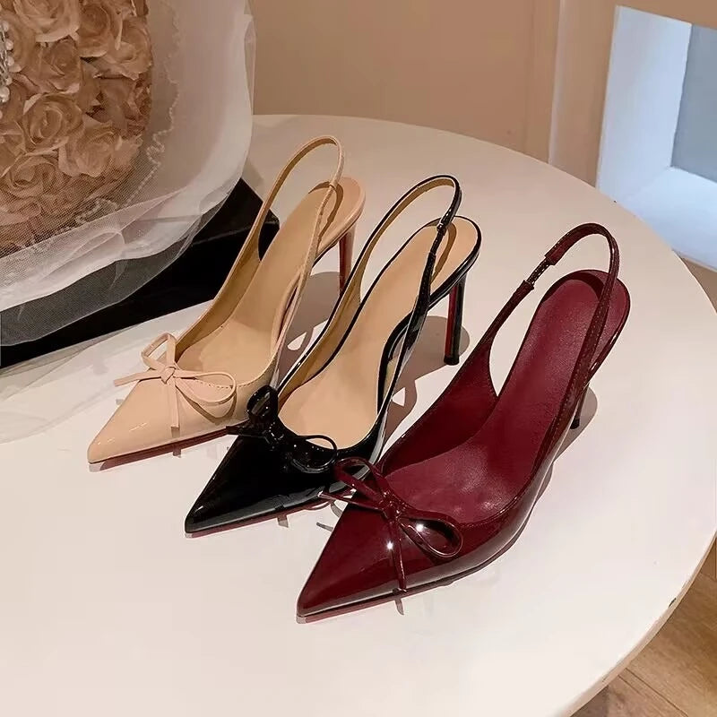 Luxury Patent Leather Women's High Heels 2026 Summer New Style Bow-tie Pointed Toe Sandals Sexy Striptease Party High Heels